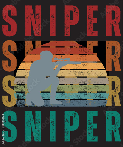 retro Sniper gamer t shirt and apparel. design and template, rebeated text on black background , sun