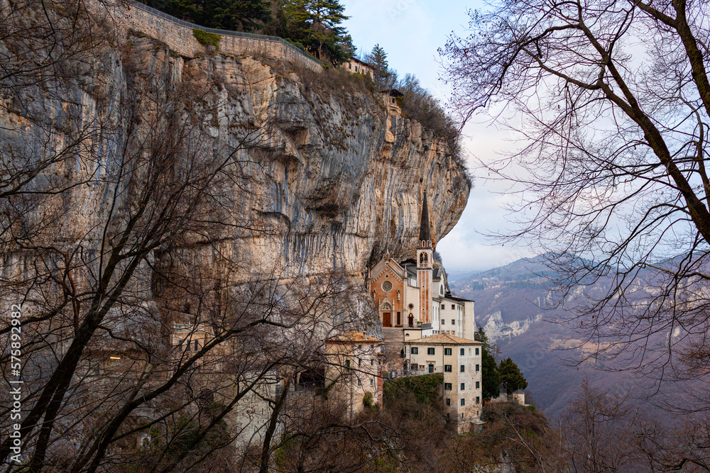 Picturesque, historic  mountainside italian sanctuary, circa 1625. Santuario de la Madonna della Corona, church in the rock.  Beautiful mountain view, Verona province, Veneto, Italy.