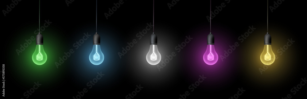 Hanging light bulbs set on the black background. Collection of glowing multicolor light bulbs. Design elements. Hanging light bulbs set on the black background. Collection of glowing multicolor light bulbs. Design elements.
