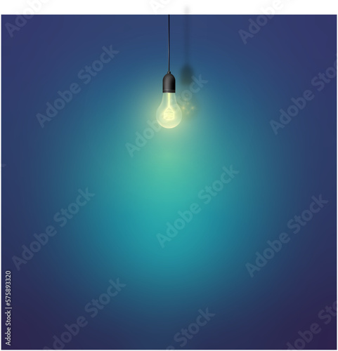 Illustration of hanging light bulb on the wall background. Glowing light bulb with the light spot on the wall. Template for text. Loft interior concept design.