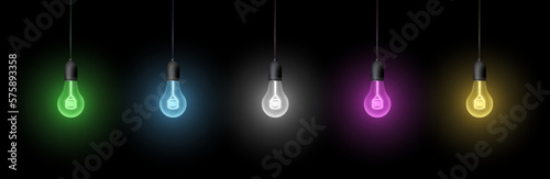 Hanging light bulbs set on the black background. Collection of glowing multicolor light bulbs. Design elements.