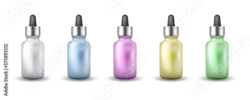 Dropper bottle realistic set for oil, essence and serum. Templates for cosmetic brand. Beauty care colorful collection of essence vials.