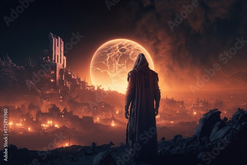 Ezekiel's Prophecies in Neon A Surrealism Matte Painting of the Prophet and a Lunar Eclipse Over a Sacked and Burning Jerusalem Generative AI	 photo