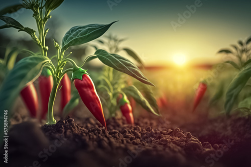 Red chili pepper agriculture harvesting. Spicy condiment. Background with a field of chili pepper plantations. generative ai photo