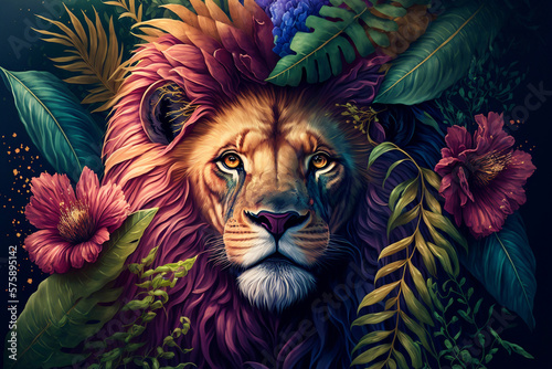 lion with colorful concept style with tropical leaves, generative ai