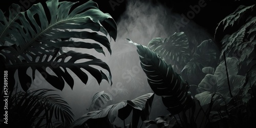 Fototapeta Naklejka Na Ścianę i Meble -  Dark night at the jungle with black saturated plants