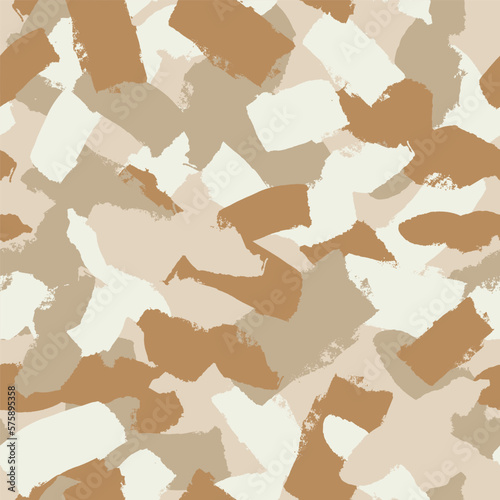 Light brown painted roller hand drawn camouflage with dry brush strokes. Seamless beige smear grunge pattern. Urban military camo texture, fashionable fabric. Desert masking color. Vector