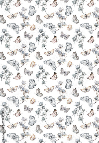 Watercolor butterflies seamless pattern. Black and white butterflies illustration.