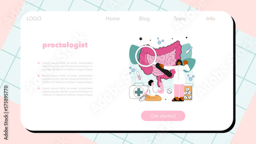 Proctologist web banner or landing page. Doctor examines and treating