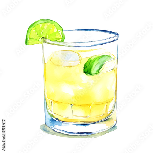 Vector green and yellow summer cocktail with lemon in glass painted in watercolor on a white background.