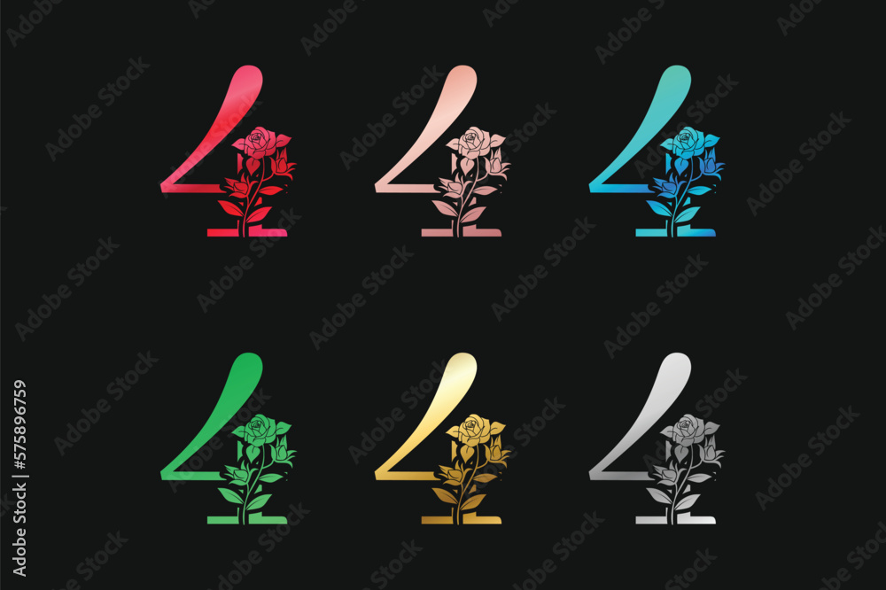 Number 4 Four With Flowers And Leaves Vector