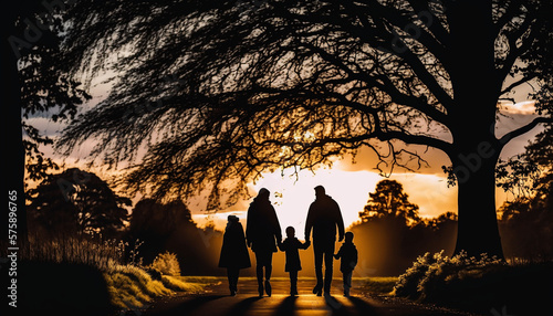 Silhouette of a family holding hands as they walk through the park at sunset