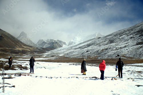 Himalaya, panoramic view of the Himalayas mountain with beautiful sky and Snow-capped Caucasus mountains in the clouds in Zero Point North Sikkim India