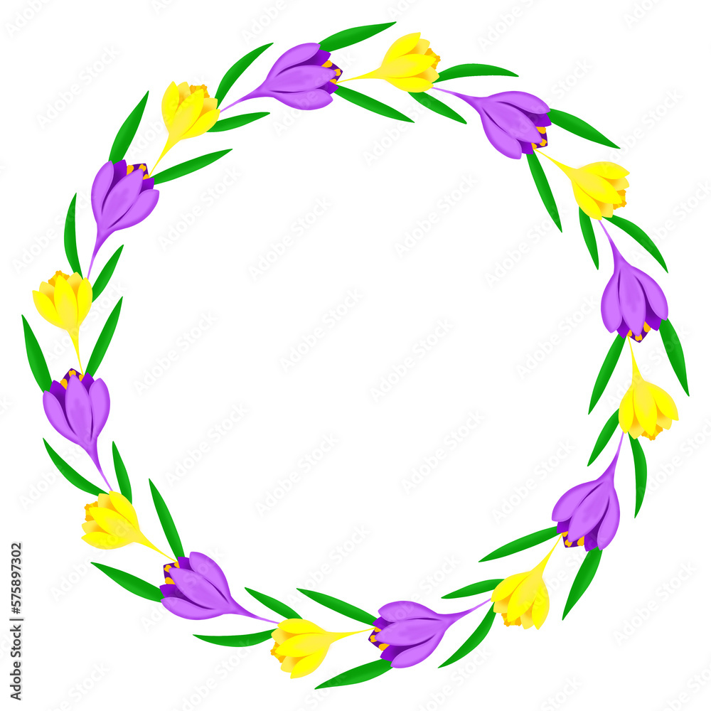 Round frame wreath of purple and yellow crocuses. Botanical frame of primroses. Spring template design for a greeting card for Women's Day or Mother's Day, invitation card, wedding invitation