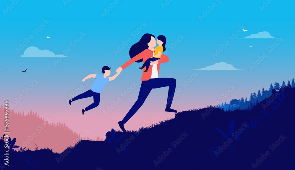 Stressed mom - Mother with children running up hill having an overwhelming day and being short on time. Parenting problems concept, flat design vector illustration Stressed mom - Mother with children running up hill having an overwhelming day and being short on time. Parenting problems concept, flat design vector illustration