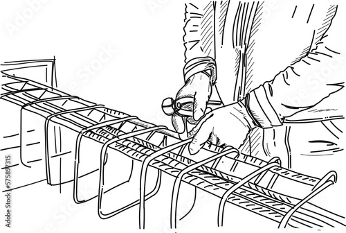 Sketch construction worker - hands securing steel bars with wire rod for reinforcement of concrete illustration