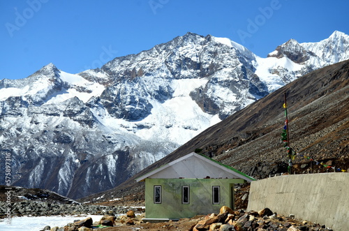 Panoramic landscape view of beautiful snowcapped Zero Point, or Yumesamdong, and distant Himalayan peaks. ZERO POINT SIKKIM (Yumesadong) is situated at an elevation of 15,3000ft.