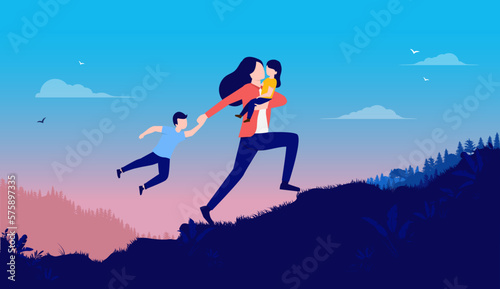 Stressed mom - Mother with children running up hill having an overwhelming day and being short on time. Parenting problems concept, flat design vector illustration © Knut
