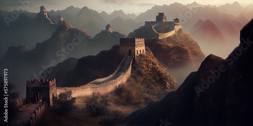 The Great Wall of China. A romantic backdrop for adventure. Generative AI photo