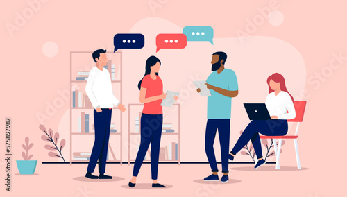Office people conversation - Team of four standing at work talking and having dialogue while working. Flat design vector illustration