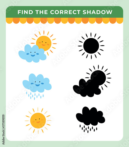 Weather. Find the correct shadow. Educational game for children.