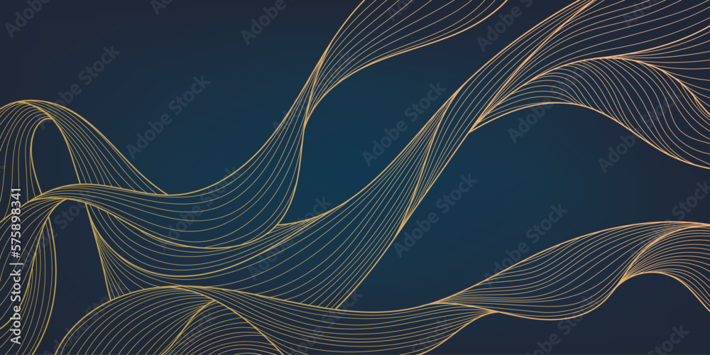 Vector abstract luxury golden wallpaper, wavy line art background, dynamic ribbons. Line design for interior design, textile patterns, textures, posters, package, wrappers, gifts etc. Japanese style. - obrazy, fototapety, plakaty 
