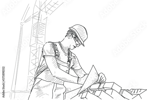 Holding plan in hands. Construction worker in uniform and safety equipment have job on building vector