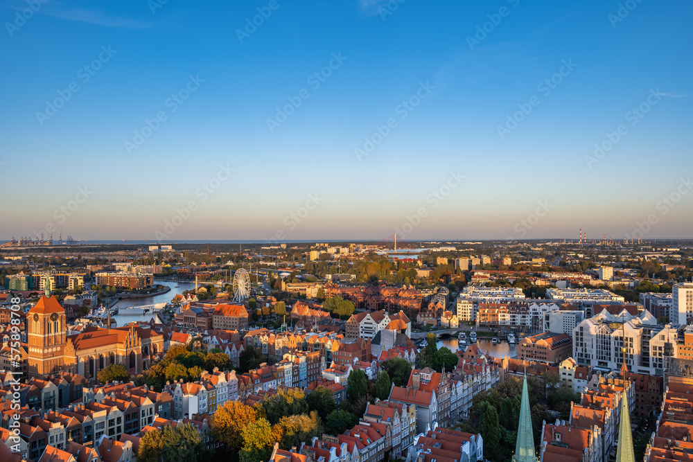 Gdansk City Aerial View At Sunset In Poland
