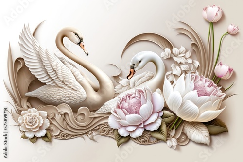 Fototapeta Naklejka Na Ścianę i Meble -  3D wallpaper swan and butterfly and flower most beautiful on white background. Generative AI