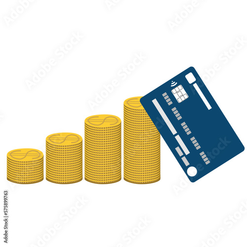 Bank card and stacks of golden dollar coins. The concept of saving money, savings, digital money, replenishing a bank account