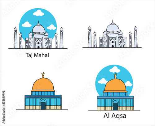 Taj mahal and al aqsa mosque hand drawing vector illustration. photo