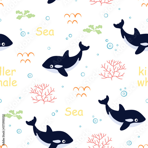 cartoon seamless pattern with cute killer whale