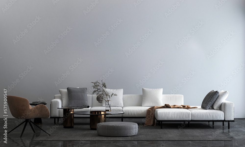 Modern cozy living room and white wall texture background interior