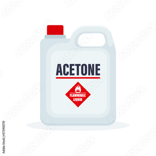 Plastic acetone bottle with sign of flammable liquid isolated on a white background. photo