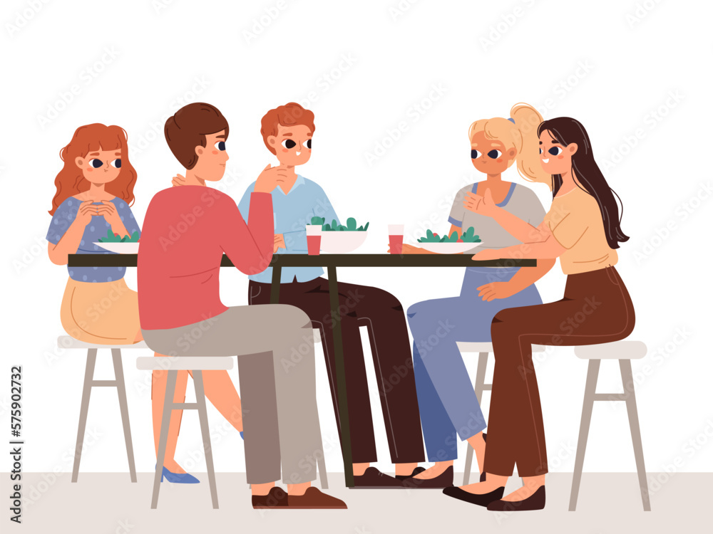 Friends eating and drinking together, happy teens talking sitting on table. Young adults friendship, student dinner or lunch meeting vector cartoon scene Friends eating and drinking together, happy teens talking sitting on table. Young adults friendship, student dinner or lunch meeting vector cartoon scene