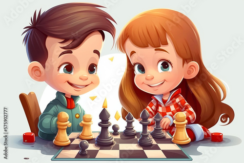 Cartoon style illustration of a smiling kid boy and smiling kid girl playing chess - AI generative