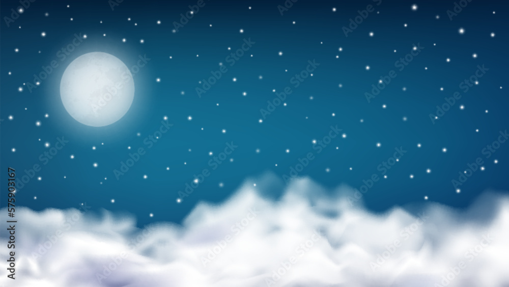 Realistic night sky with moon and stars. Cloudy fog, starry horizontal and moonlight at evening. Magical dreams vector background Realistic night sky with moon and stars. Cloudy fog, starry horizontal and moonlight at evening. Magical dreams vector background