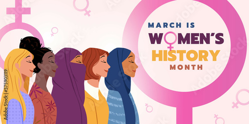 Women's history month. March. Illustration. Multi-ethnic. Different ethnicity of women - Caucasian, African, Middle East and European.