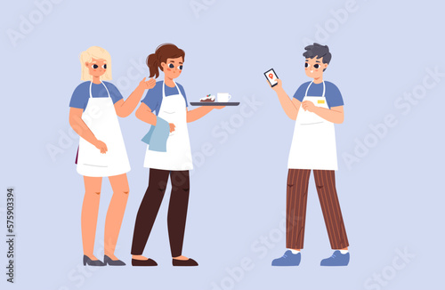 Waiters girls and cafe manager. Students work in restaurant or bar, teenager part time job. Food service, canteen workers. Cartoon vector young characters