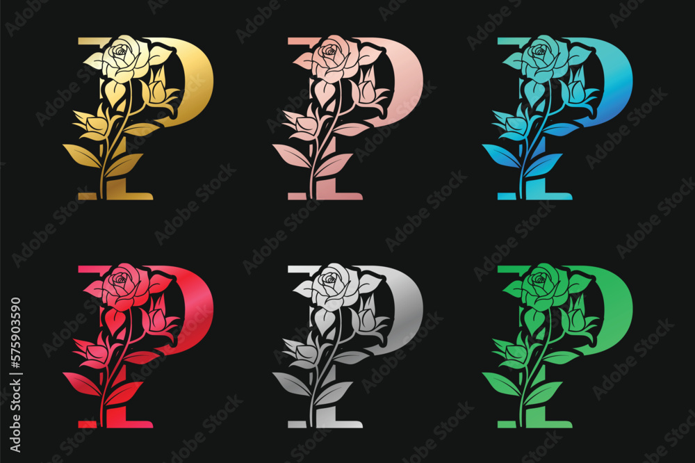 Fototapeta premium Alphabet Letter P With Floral Design And Leaves Vector Design