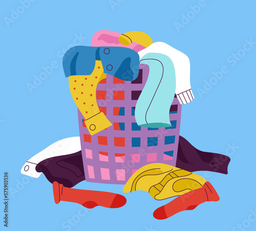 Laundry basket with dirty clothing. Wash pile clothes with stains. Clean socks, shirts and pants. Cotton apparel, different smelly fabric decent vector scene