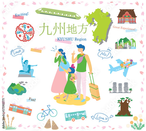日本の九州地方の春の名物観光を楽しむ三人家族、アイコンのセット（フラット）