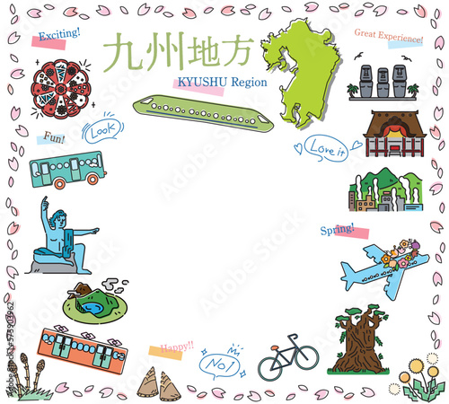 日本の九州地方の春の名物観光のアイコンのセット（線画）
