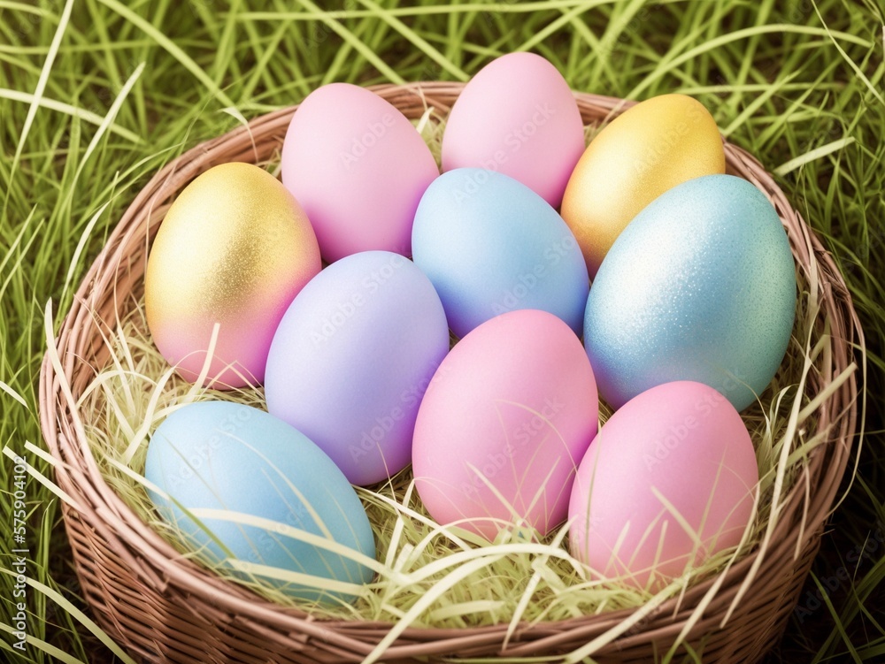 Easter Basket of Colorful Eggs Created with Generative AI and Other Techniques