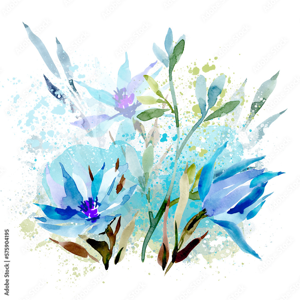 A floral bouquet of blue flowers. Watercolor illustration on a white background with blue flowers. Hand drawing, flower buds with leaves
