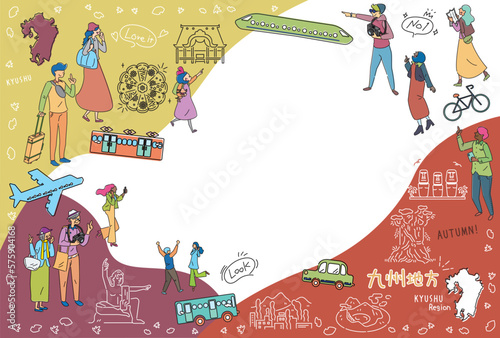 日本の九州地方の秋の名物観光を楽しむ観光客、アイコンのセット（線画）