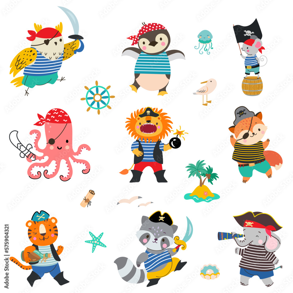 Naklejka premium Animal pirates, brave sea pirate lion, raccoon and fox. Cartoon animals wear ocean robber and ship captain costumes, funny nowaday childish vector characters