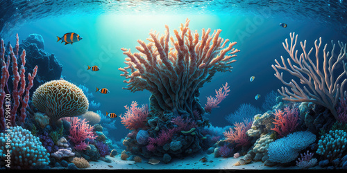 Underwater coral reef, sea coral lagoon, and ocean ecology, generative AI