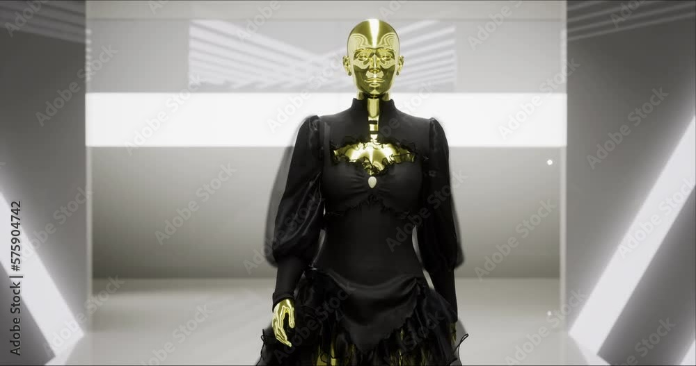 3D Fashion Show. The Virtual Female Model Walks Down the Runway. A Trendy Fashionable Wednesday Dress. Meeting in Virtual Space, Meta Show, Artificial World. Concept of Gamification and Realization of