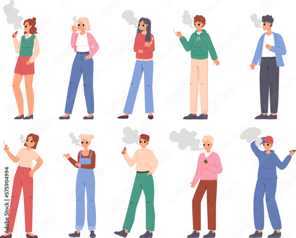 People smoking cigarette and e-cigarette. Electronics smoke, passive smokers and teenagers with vape. Bag habits, air pollution. Healthcare snugly vector set